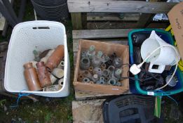 Three boxes containing old Bottles, a Toaster, Kettle and Stoneware jars.