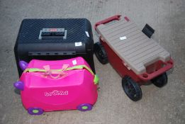A Curver toolbox, a pull along tool box and a Trunki Child's Suitcase.