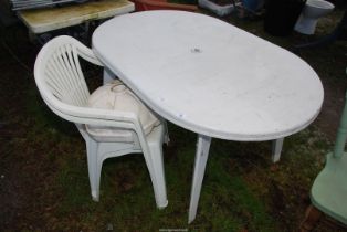 Oval plastic Patio Table and two Chairs, and Umbrella stand.