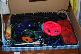 Nintendo Switch controllers, gaming headset, two gaming keyboards with mice, etc.