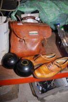 Leather bag containing shoes, and bowls, etc.
