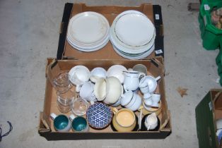 Two boxes of mixed china and glass.