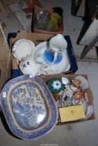 Three boxes of miscellaneous including meat plate, glasses, jugs, ornaments, etc.