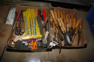 Two boxes of hand tools, including chisels and files, etc.