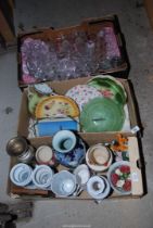 Three boxes of China and various glass, etc.