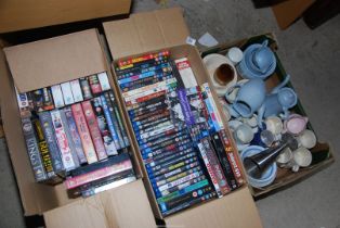 A quantity of DVD's and Videos and a box of china.