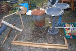 Bench-ends, Fire kerb, two plastic Bird bath's, and Incinerator bin.