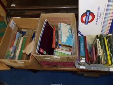 Three boxes of books including railways and maps.