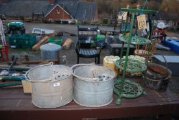 Two galvanized Mop buckets, Cast-iron Saucepan stand.