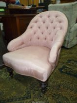 A fine old buttoned back circa 1900 Armchair having serpentine front and standing on turned front