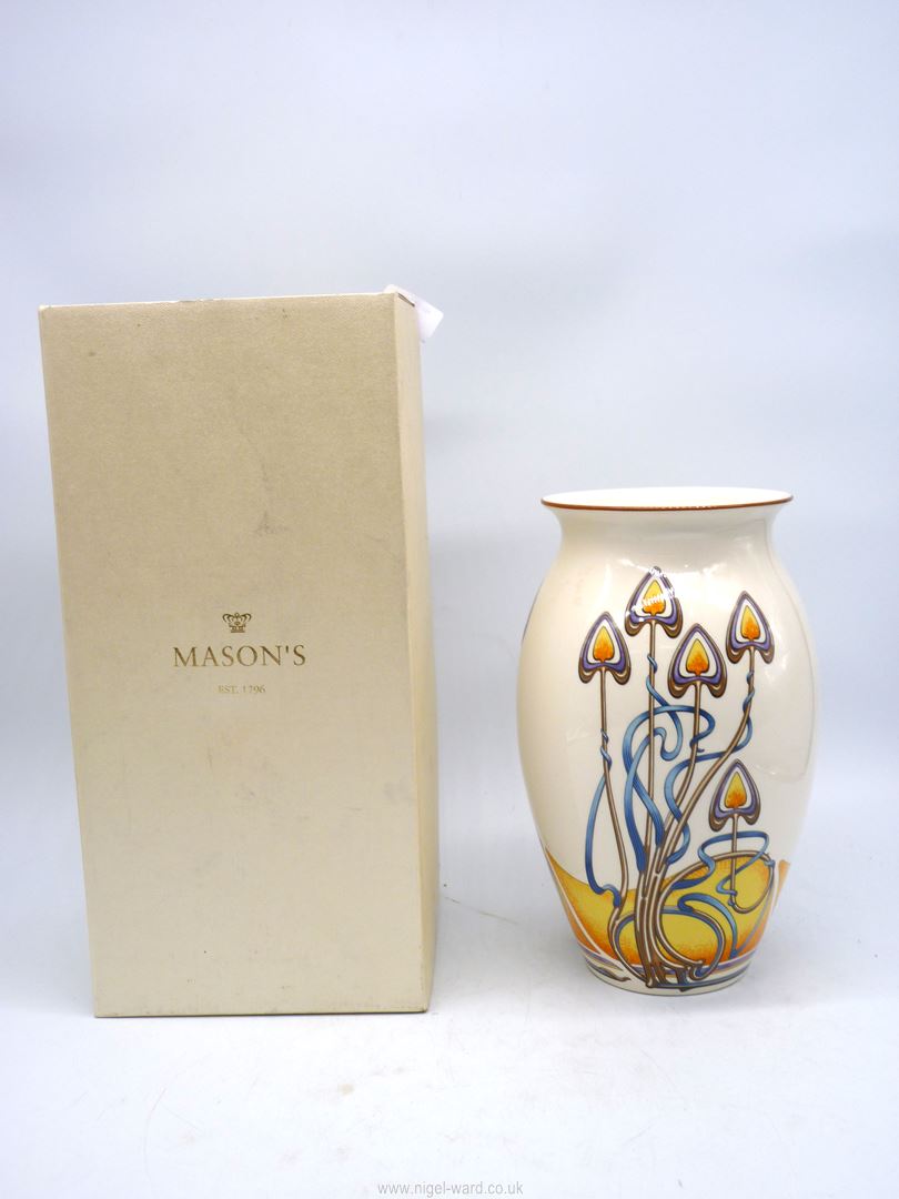 A Mason's 'Art Nouveau' pattern vase, boxed, 10 1/4" tall.