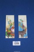 Two small panels from a Chinese enamelled alabaster picture, a/f., each 1 3/4" x 5 1/4".