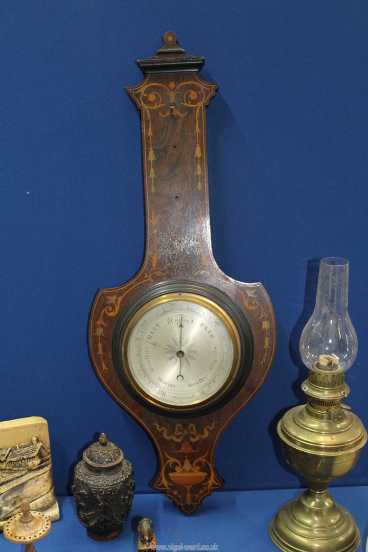 An inlaid banjo barometer (no thermometer), brass oil lamp, pair of wooden bird ashtrays, - Image 2 of 2