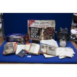 A quantity of miscellanea including gas mask, Ordnance Survey maps, boxed Corgi State Coach,