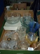 A quantity of glass including cake stand, blue glass water jug, dessert and fruit bowls etc.