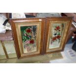 A pair of framed Mirrors, painted with colourful flower and an urn with swallows, 21'' x 33'' high.