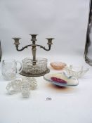 A quantity of glass to include; cut glass fruit bowl, tankard, Studio glass dish, six napkin rings,