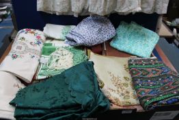 A quantity of table linen, cushion cover, fabrics etc. two boxes in total.