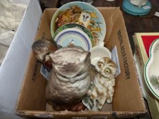 A small quantity of china including three china owls, Wedgwood Peter Rabbit mug and plate,
