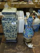 A large modern Oriental style table lamp base in blue floral design 18" tall,