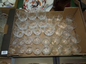 A box of mixed glasses to include; Portmeirion whiskey, cut glass whiskey, brandy, wine, etc.