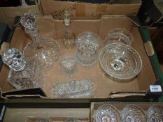 A quantity of glass including decanters, preserve pot, biscuit barrel, comport, butter dish etc.