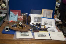A quantity of miscellanea including Tasco 4 draw telescope, carved wooden tray and pair of shoes,