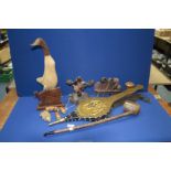 A quantity of Treen including old bellows, pipe stands and pipes, plaques, etc.