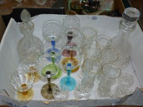 A quantity of glass including; two decanters, a set of 6 hock glasses having coloured stems,
