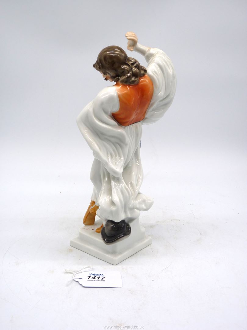 A Herend hand painted figure of a hatless male dancer in traditional costume, 11 1/4'' tall. - Image 2 of 3