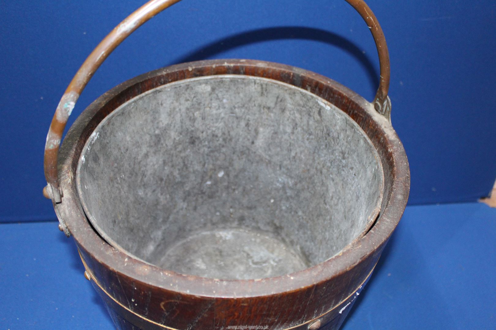 A brass banded wooden coal bucket with liner, 12'' diameter x 11'' tall. - Image 2 of 2