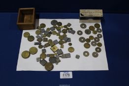 A quantity of small weights including; coin weights, half and one Guinea, half Moidor,