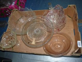 A quantity of glass including; cake stand, large fruit bowl, bon bon dish, baskets, etc.