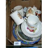 A quantity of china to include; wall plates, fruit plates, Coronation mugs, German egg cups, etc.
