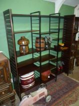 Three banks of 1960's Ladderax Shelving, 73'' wide x 15 1/4'' deep x 79'' high overall.