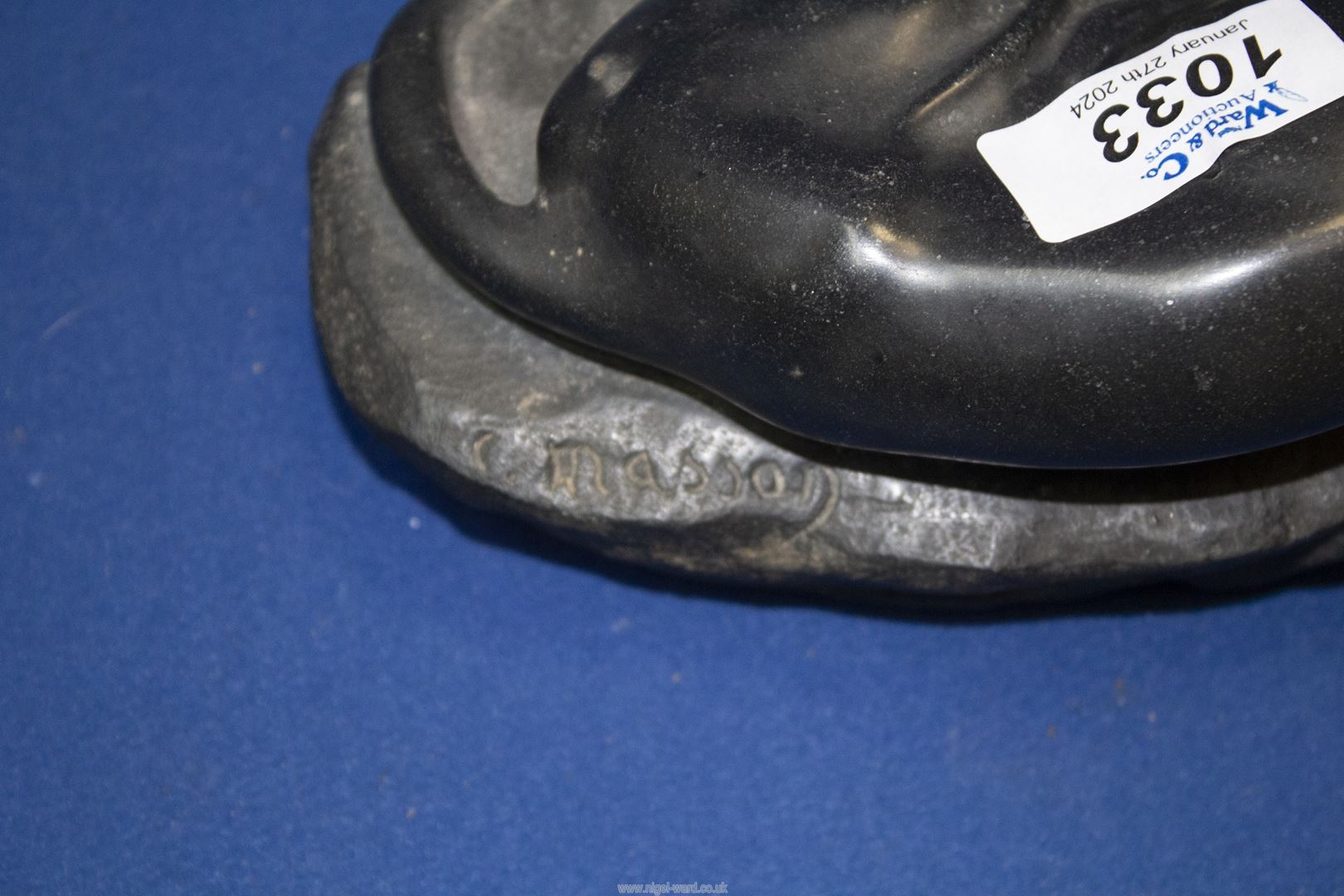 A black marble sculpture of a Puma lying on a rock, signed Masson, 9" long. - Image 3 of 4