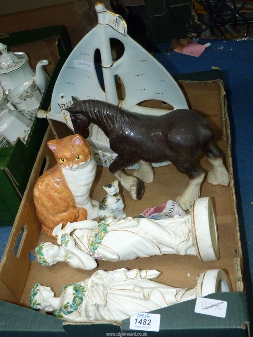 A quantity of Ornaments including; sailing boat, horse, cat,