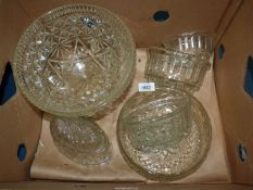 A large footed table centrepiece, trifle bowl and four jelly moulds.