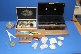A quantity of miscellanea including; compasses, Platinum pen, Ritmeester cigar box, some fossils,