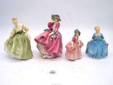 Four Royal Doulton figures to include; Little Bo Peep, A Child From Williamsberg,