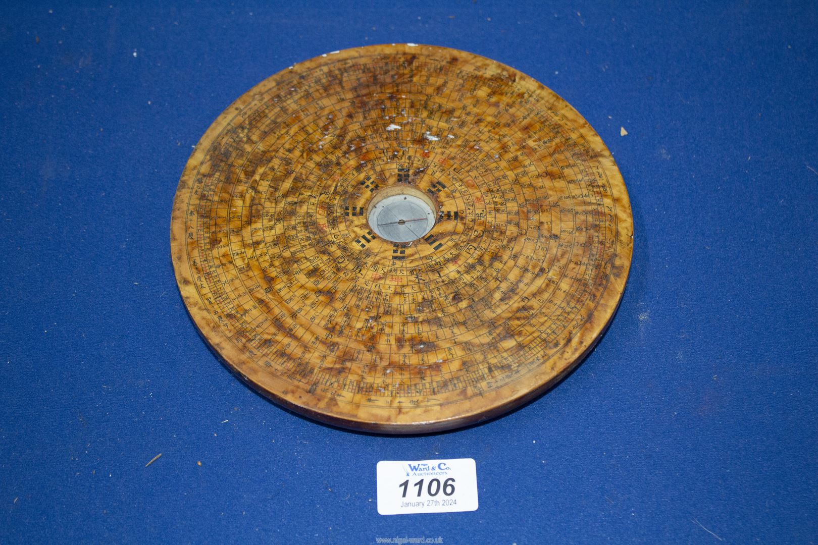 A Chinese wooden Calendar/zodiac Disc and compass