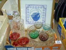 A small quantity of glass including cut glass decanter, set of six colourful sherry glasses, bowl,