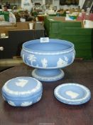 A small quantity of Jasperware to include a footed fruit bowl, two pin dishes and a trinket box.