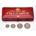 A cased set of four Victorian Maundy money 1899 in commemoration of Queen Victoria's 80th birthday.