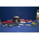 A quantity of model vehicles including M.C Toys, Matchbox, Lledo etc, cars, buses, helicopter, etc.