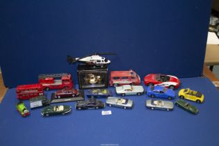 A quantity of model vehicles including M.C Toys, Matchbox, Lledo etc, cars, buses, helicopter, etc.