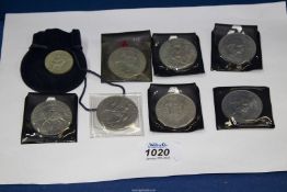 Seven Crowns including Winston Churchill, Silver Jubilee and 1986 £2 coin.