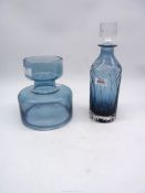A Royal Brierley 'Harris Ink blue' glass decanter and unusual geometric from blue tint vase,