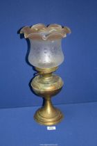 A copper oil Lamp with light brown edged etched glass shade, 17 1/2'', a/f.