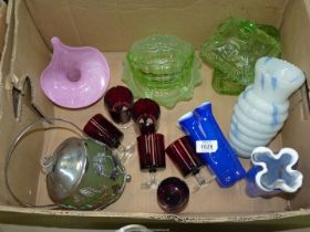 A quantity of coloured glass including; Alum Bay 'Jack in Pulpit' vase, uranium green glass,